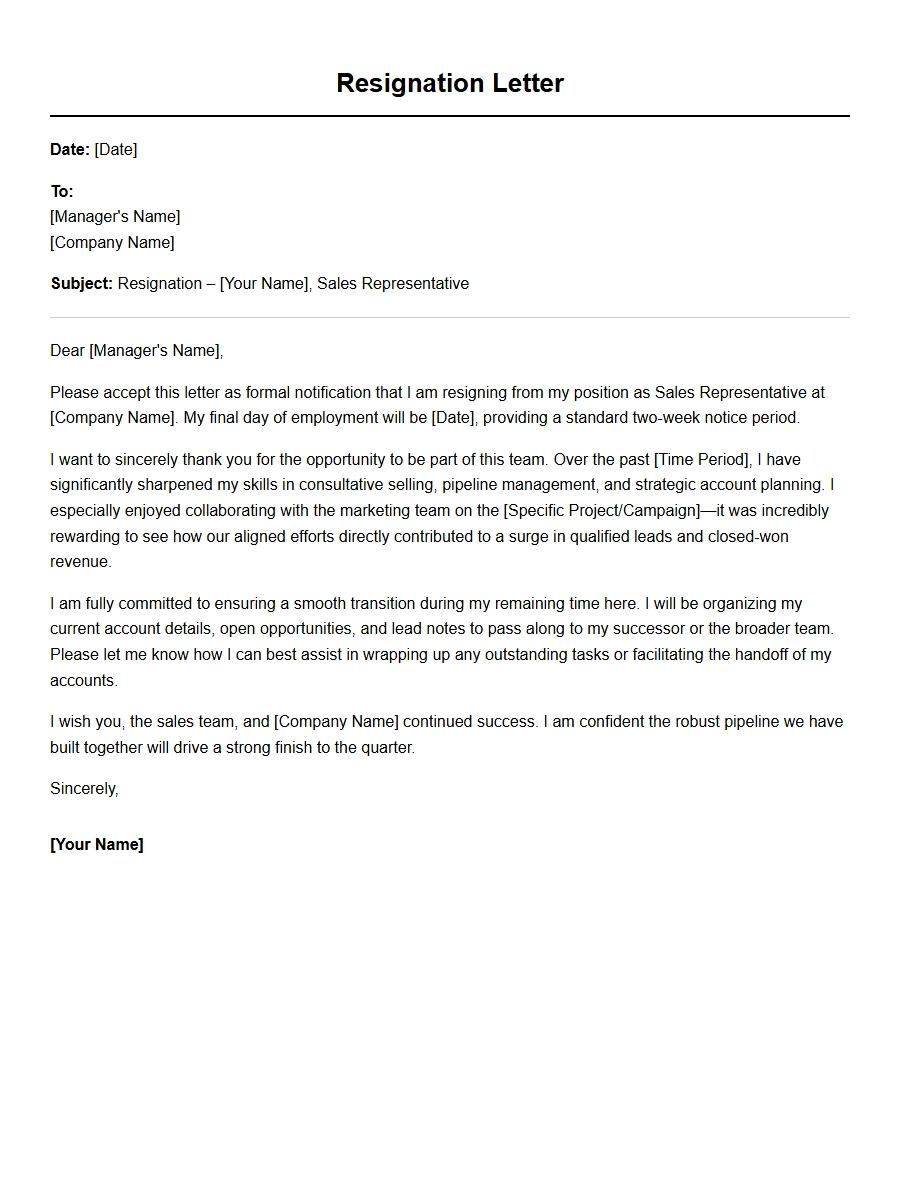 Resignation Letter for Sales Representative