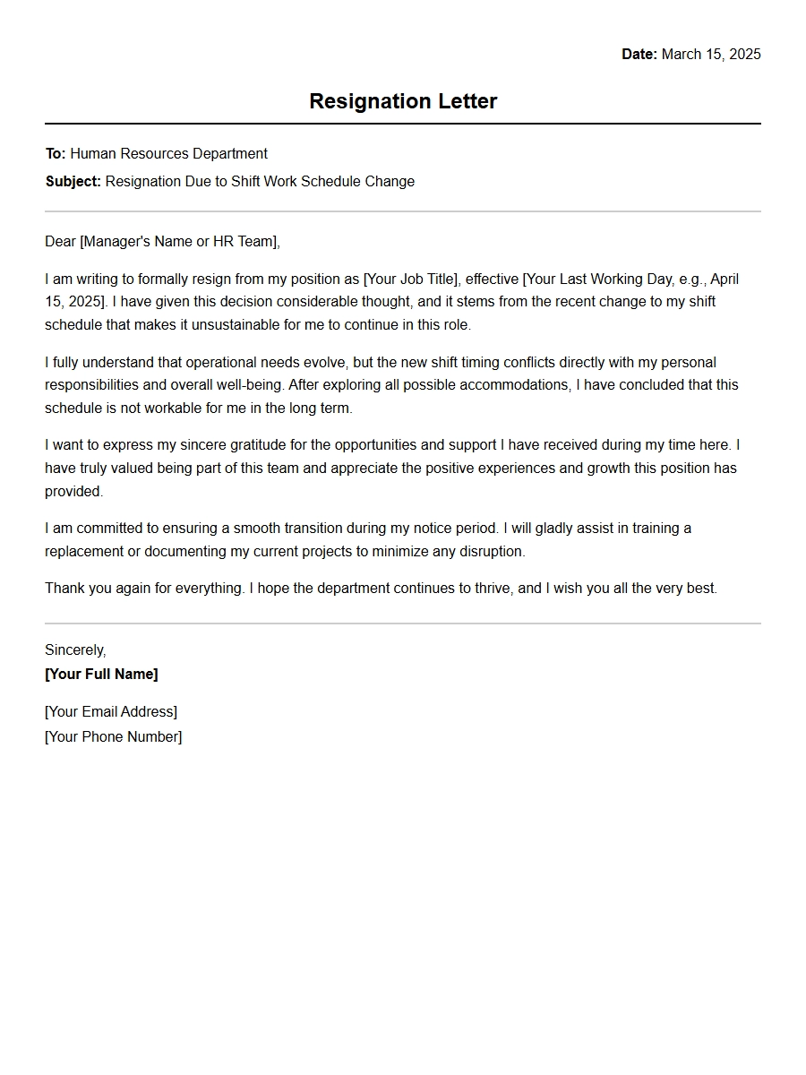 resignation letter for shift work schedule change - Resignation Letters