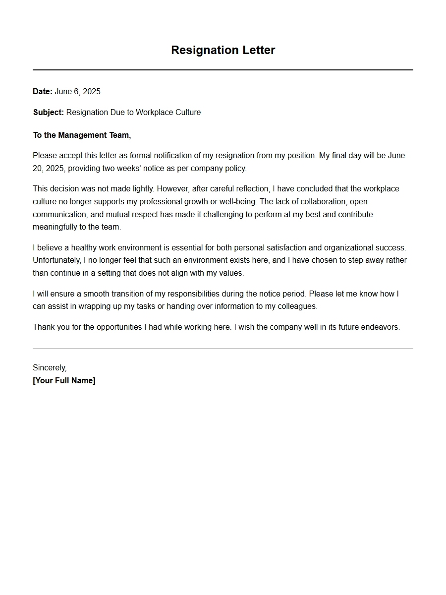 Resignation Letter for Unsupportive Culture