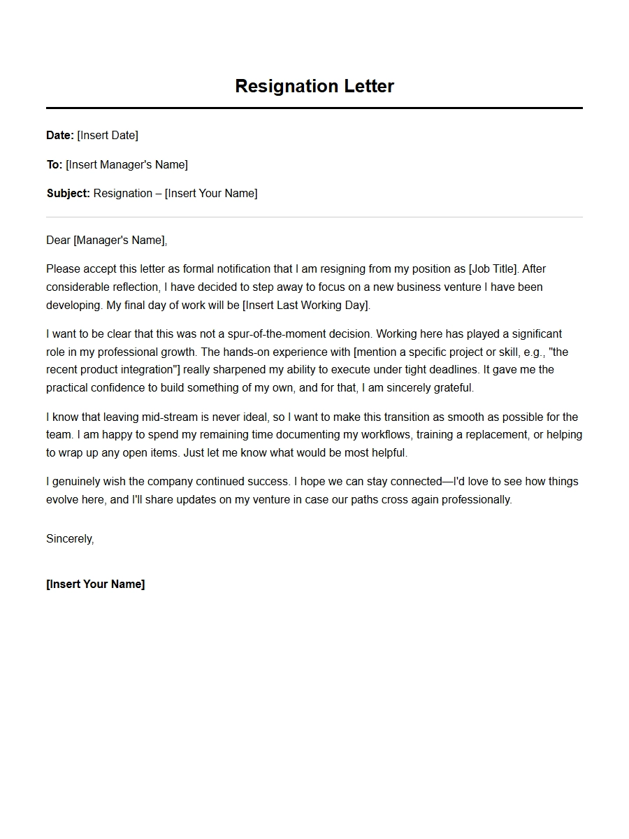 resignation letter mentioning new business venture - Resignation Letters