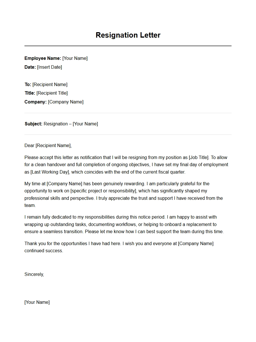 Resignation Letter for Fiscal Quarter End