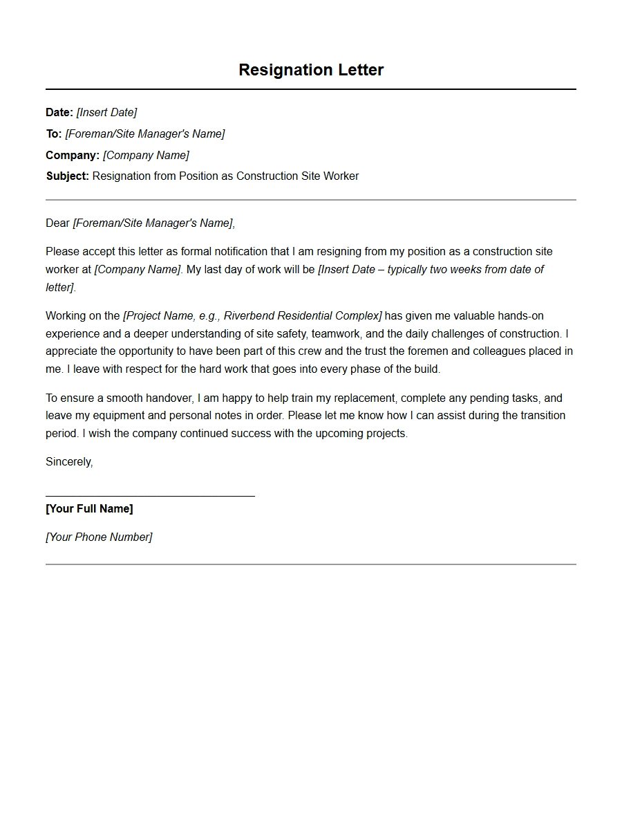 Construction Site Worker Resignation Letter Sample