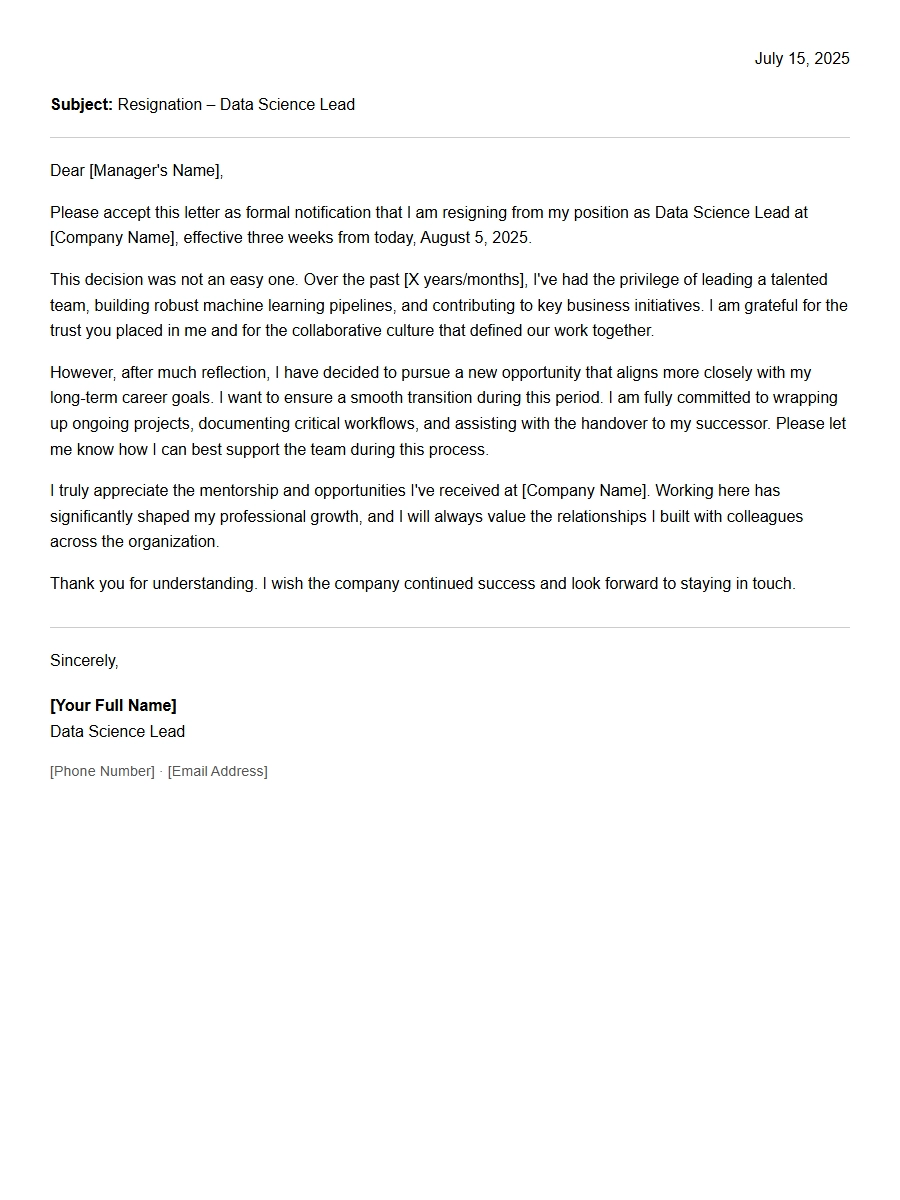 sample resignation for data science lead - Resignation Letters