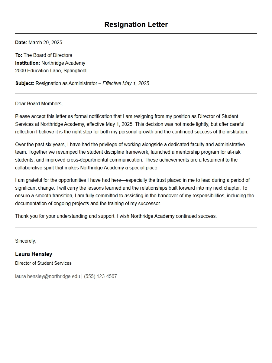 Educational Administrator Resignation Letter Sample