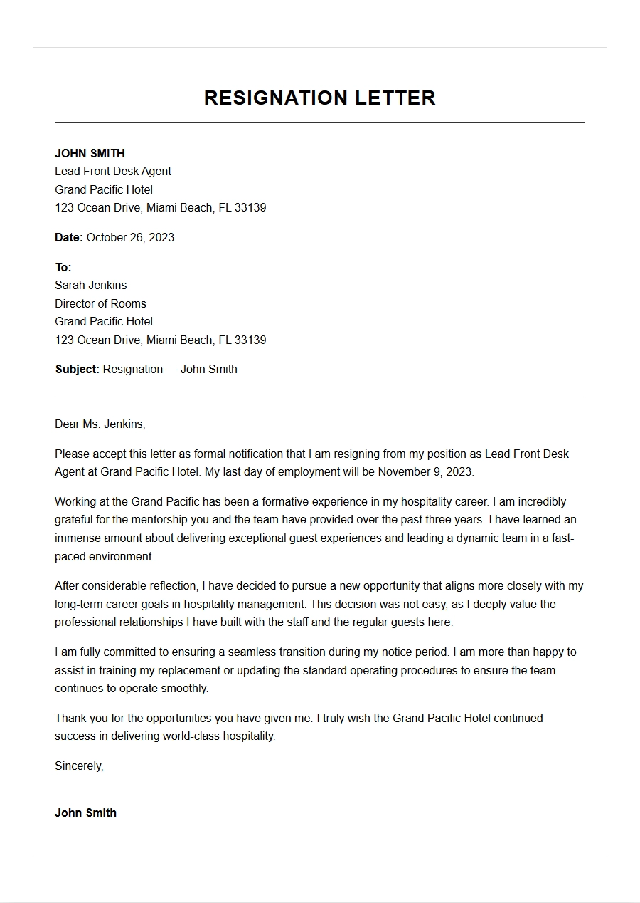 Hospitality Resignation Letter Sample