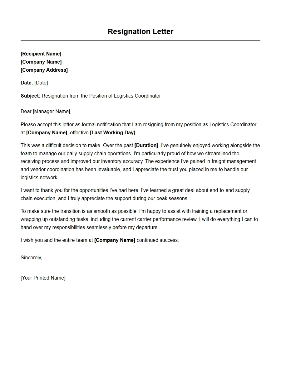 Sample Resignation Letter for Logistics Coordinator
