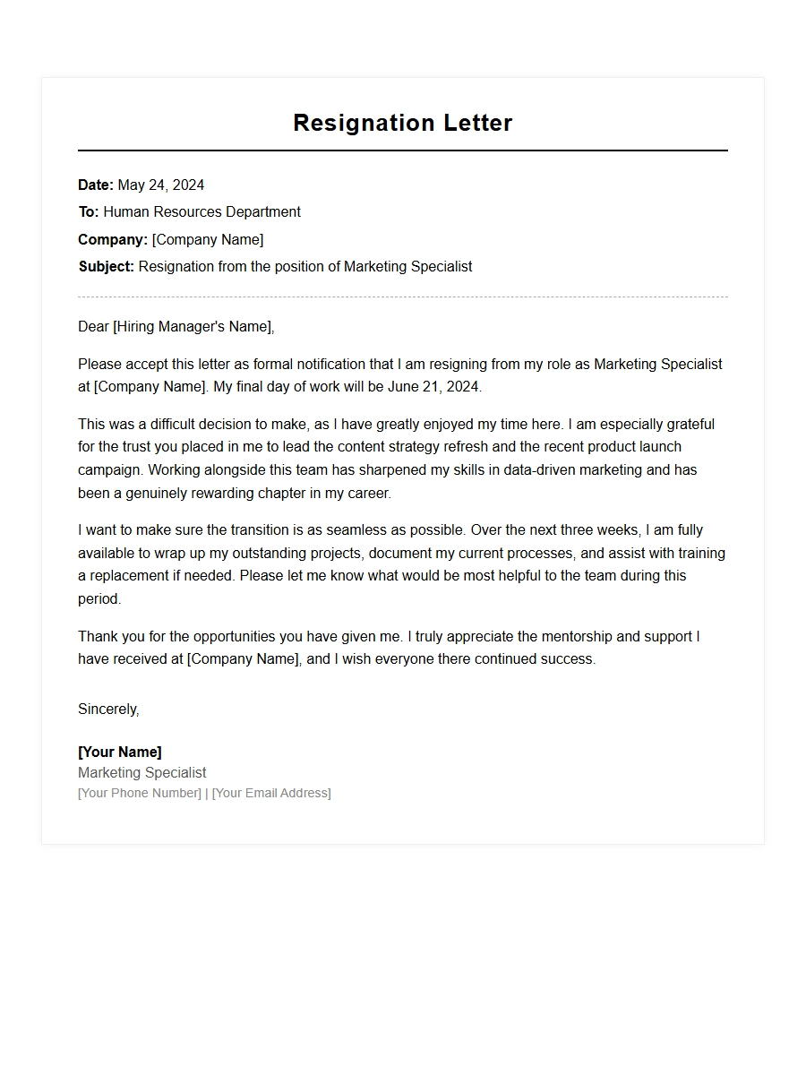 Sample Resignation Letter for Marketing Specialist