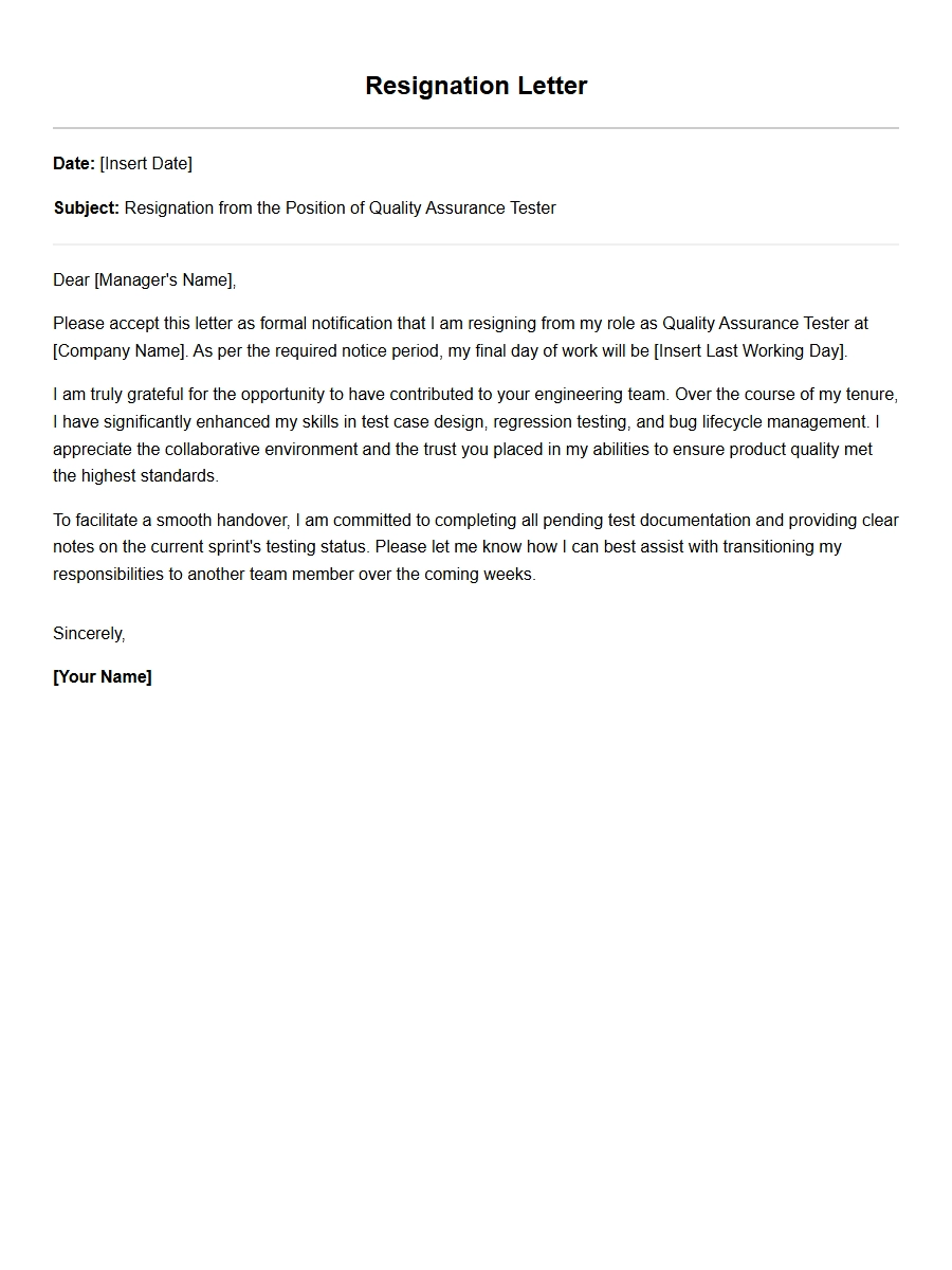 Quality Assurance Tester Resignation Letter Sample