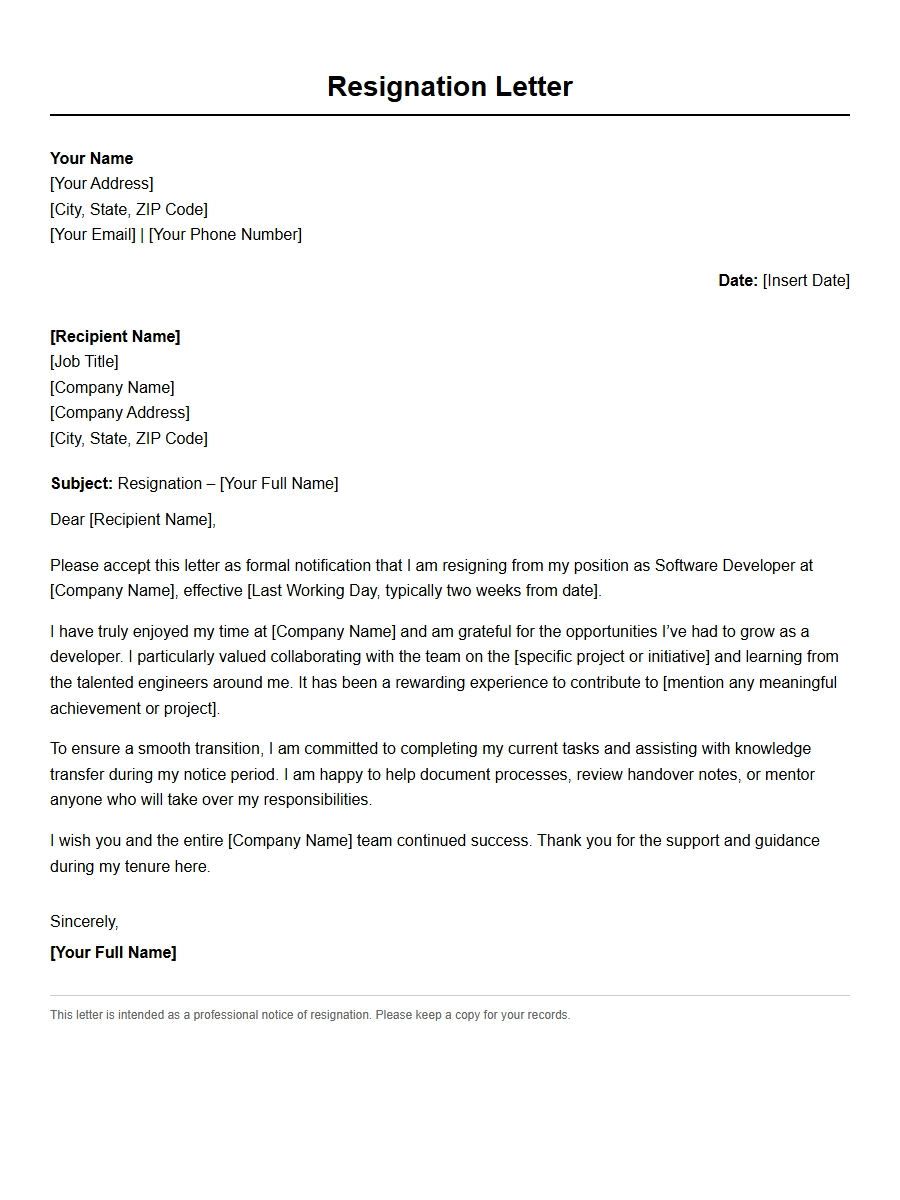 Software Developer Resignation Letter Sample