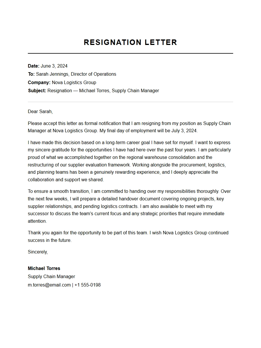 Supply Chain Manager Resignation Letter Sample