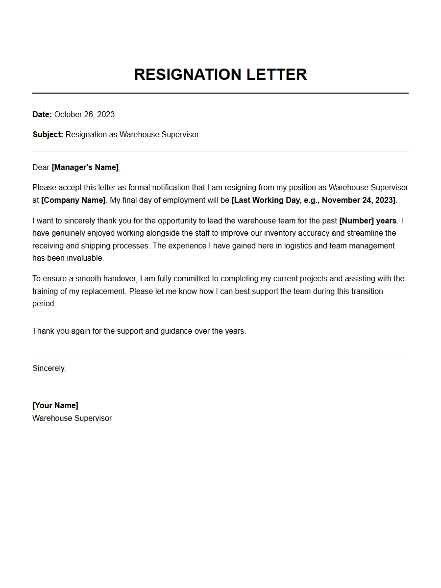 Sample Resignation Letter for Warehouse Supervisor
