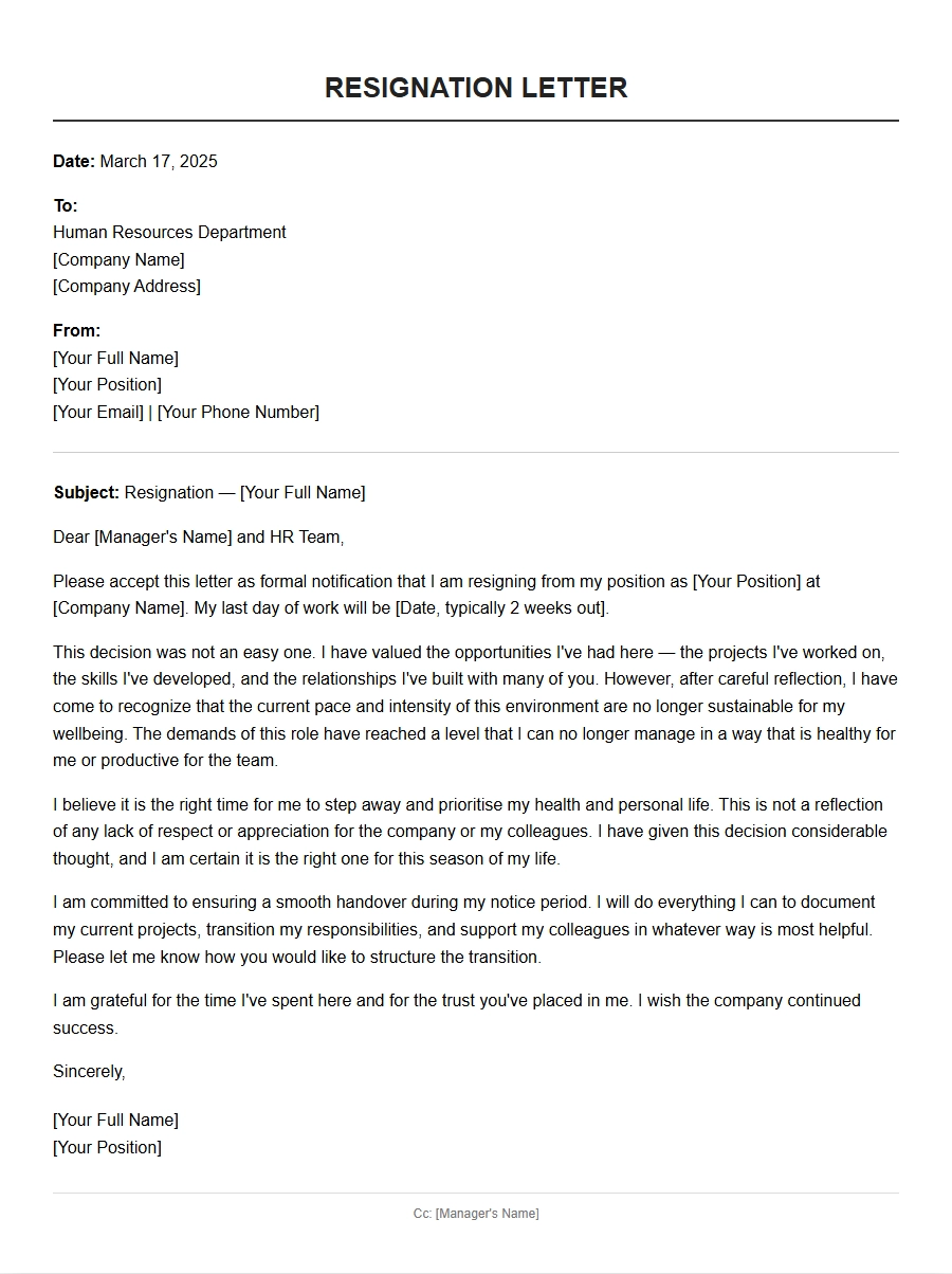 Sample Resignation Letter for High Stress Environment