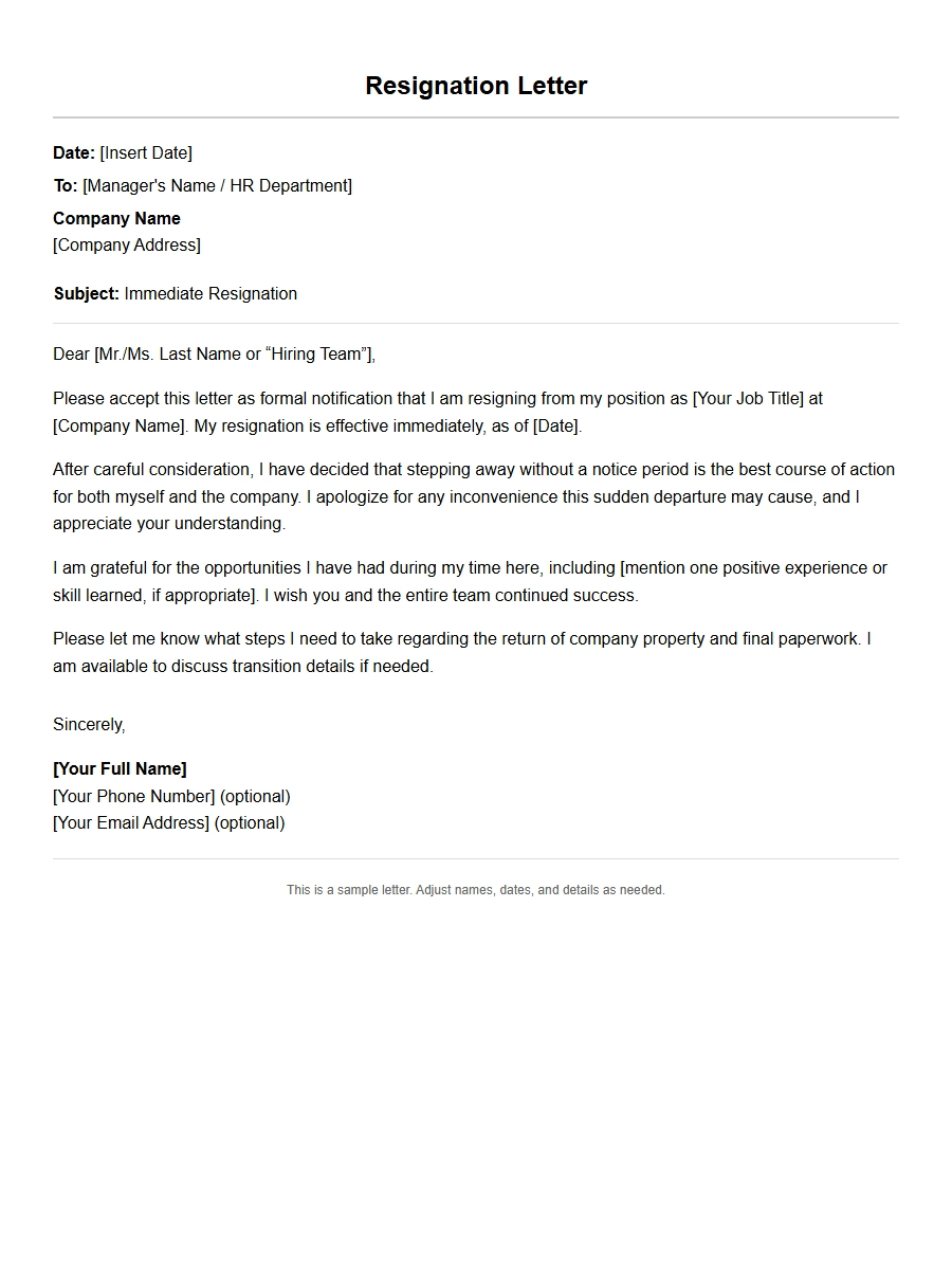 Sample Immediate Leave Resignation Letter