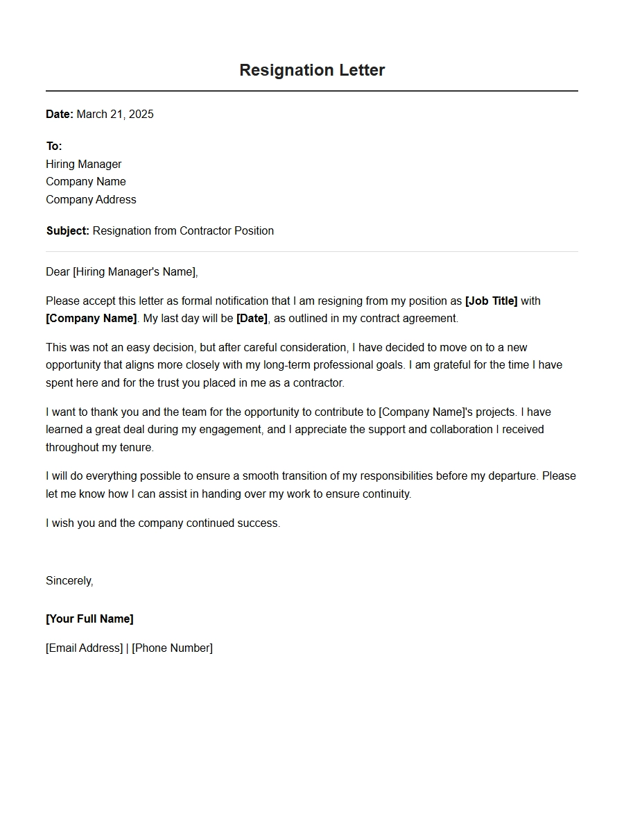Short Resignation Letter for Contractor Position