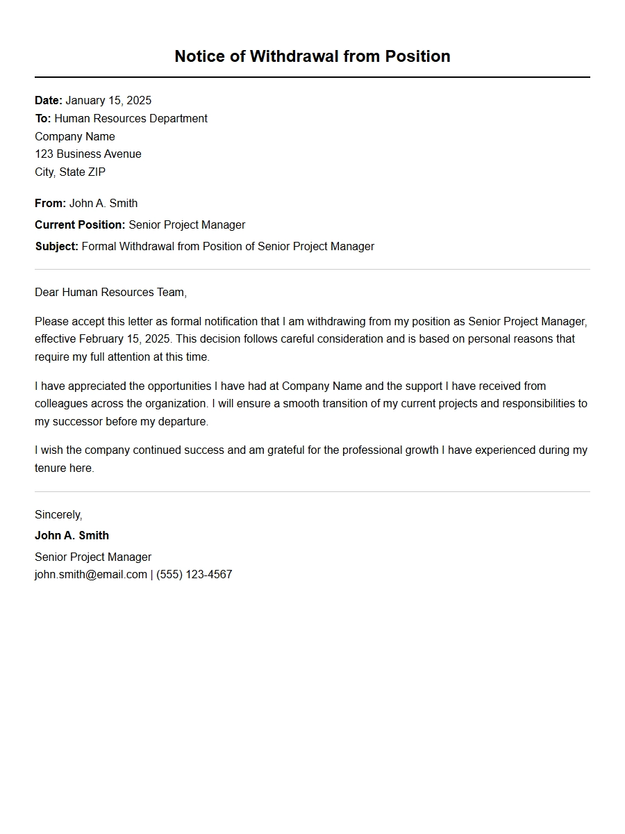 Standard Withdrawal from Position Letter