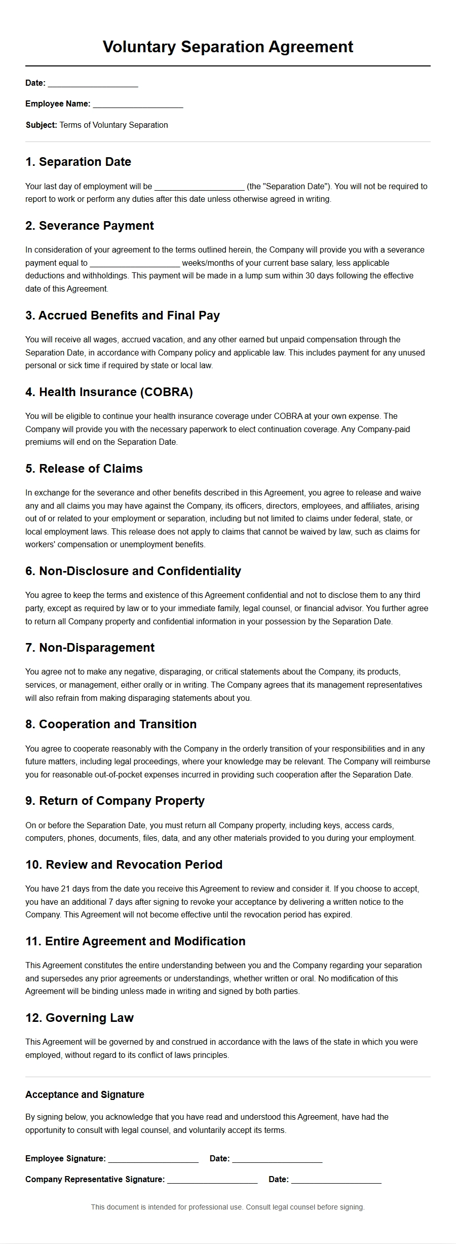 Voluntary Separation Agreement Letter Examples