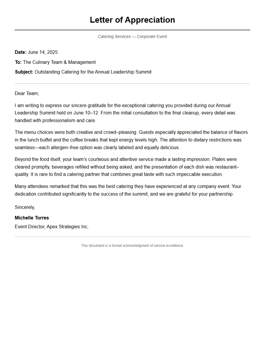 Thank-You Note for Impressive Catering Service