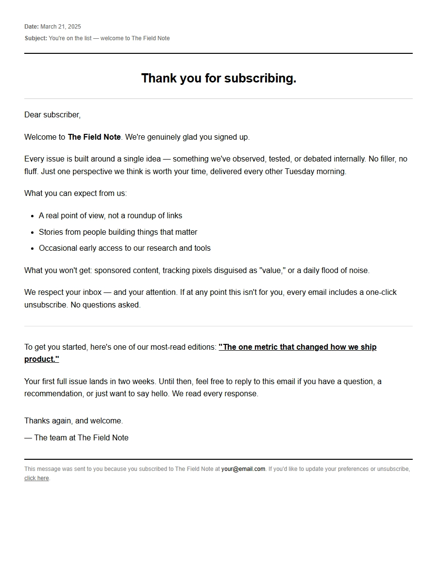 Example Appreciation for Newsletter Subscription