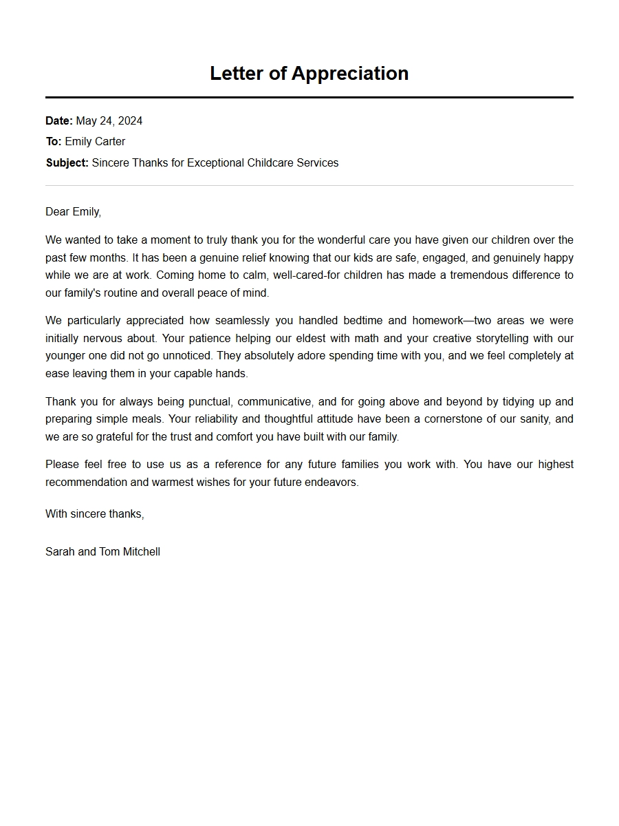 Example Thank-You Note for Babysitting