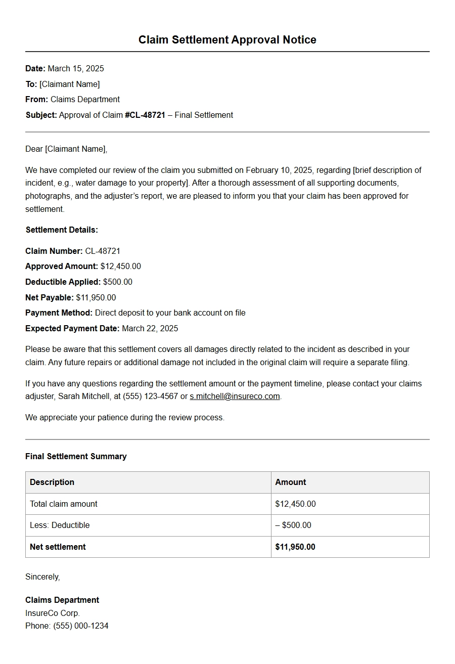 Example Note for Insurance Claim Settlement Approval