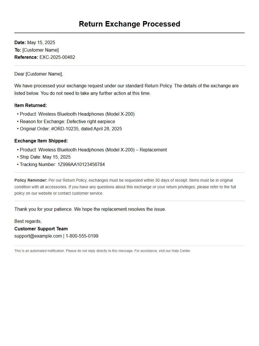 Example Thank You Note for Return Exchange Processed