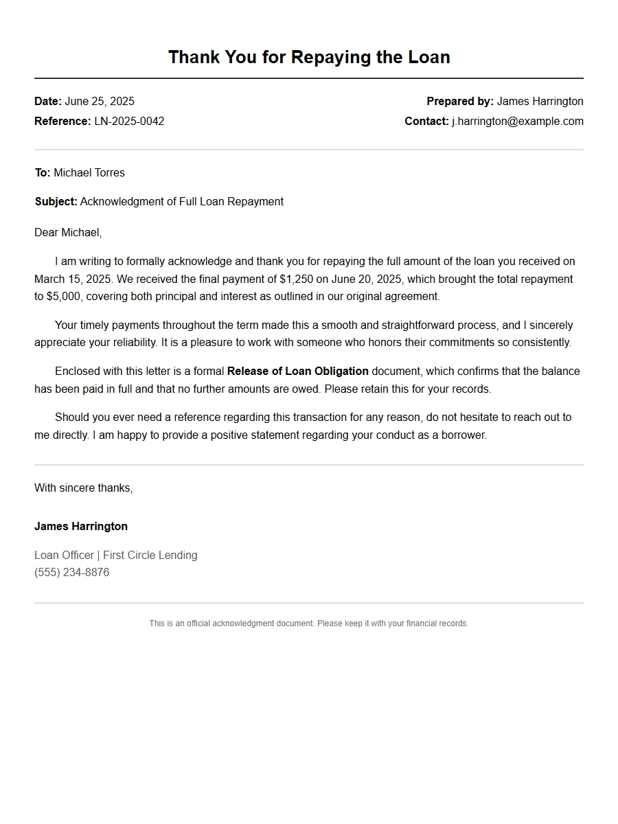 Example Thank You for Repaying Loan