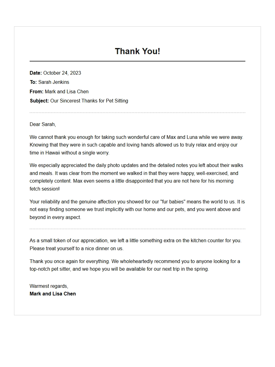 Thank You for Pet Sitting While Away: Example Letter