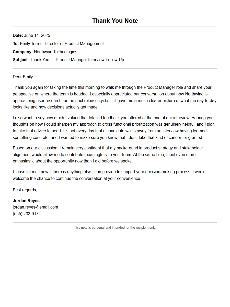 Example Thank You Note for Interview Feedback