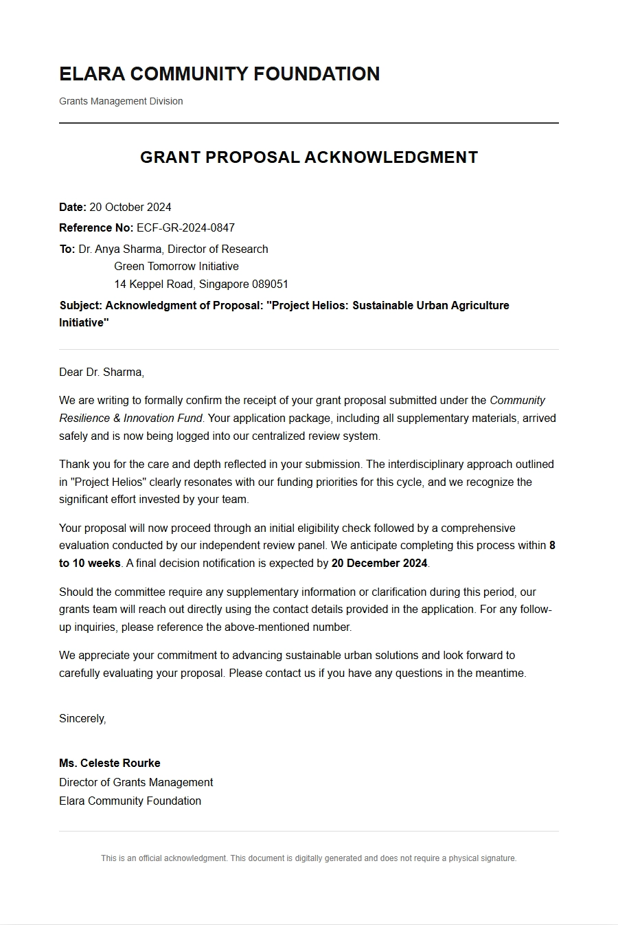 formal acknowledgment letter for submitted grant proposal - Thank-You Letters