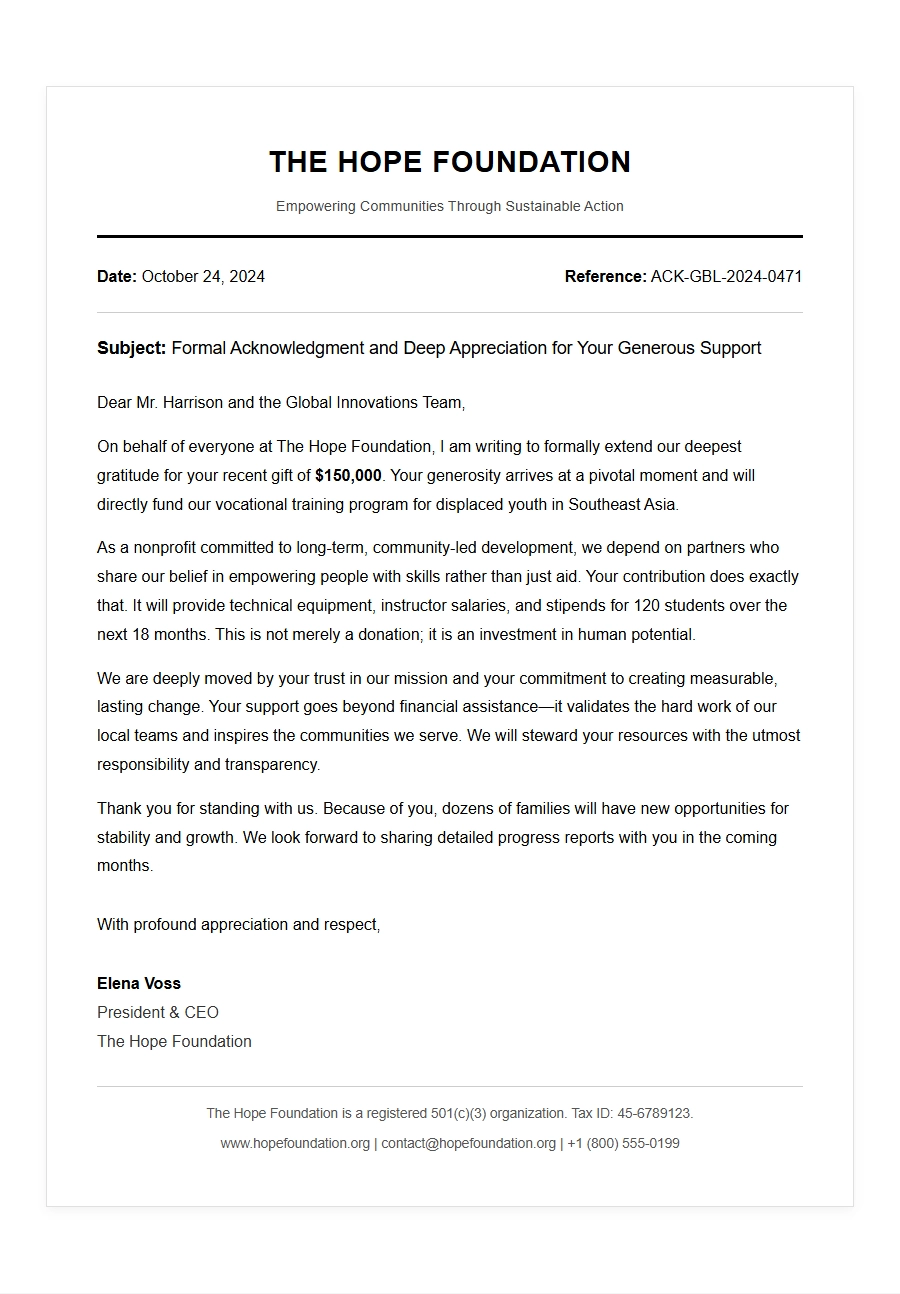 Formal Gratitude Letter for Charity Support