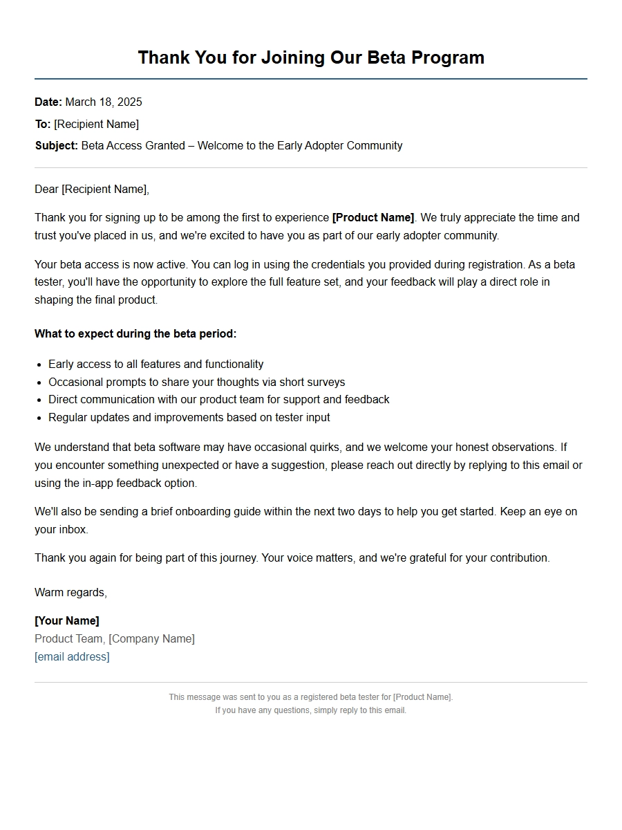 gratitude email for beta version software access - Thank-You Letters