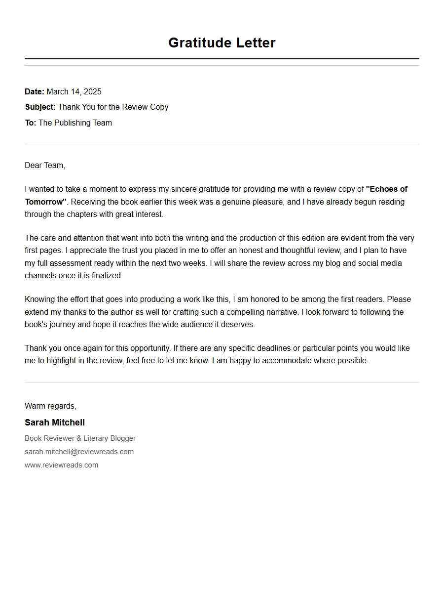 Gratitude Letter for Book Review Copy