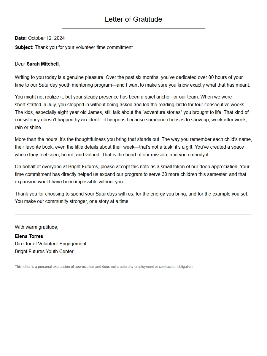 Thank You Letter for Volunteer Time Commitment