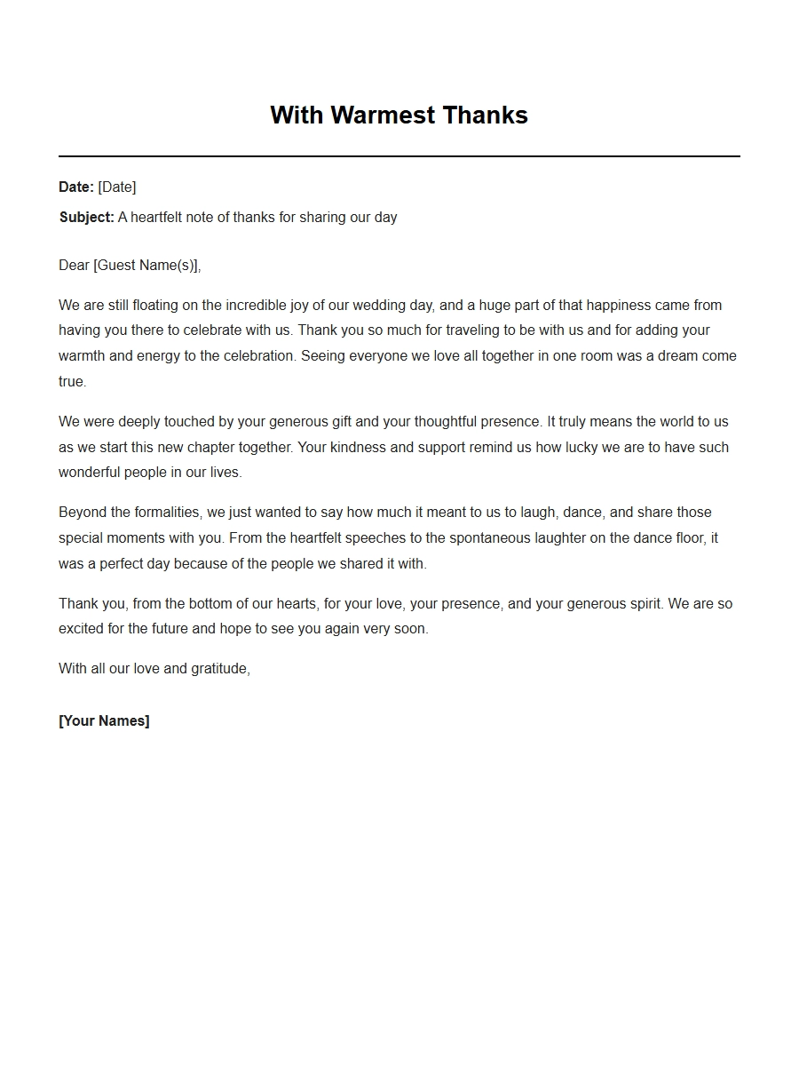 Wedding Gratitude Letter Template for Guests