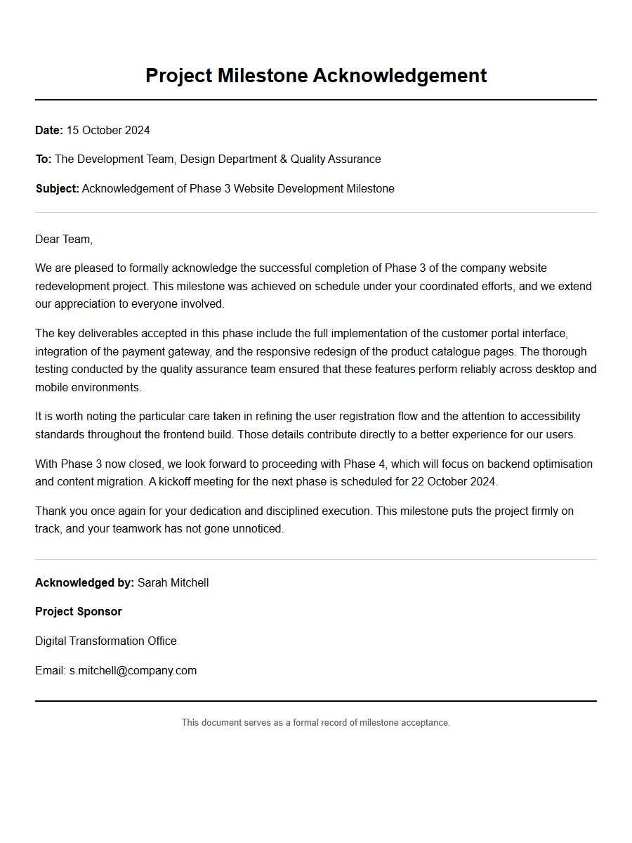 Sample Acknowledgement for Website Milestone