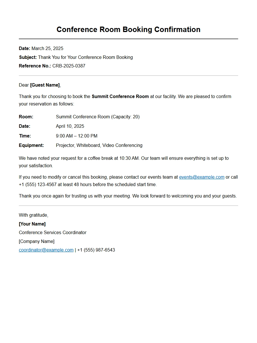 Thank You for Conference Room Booking Confirmation