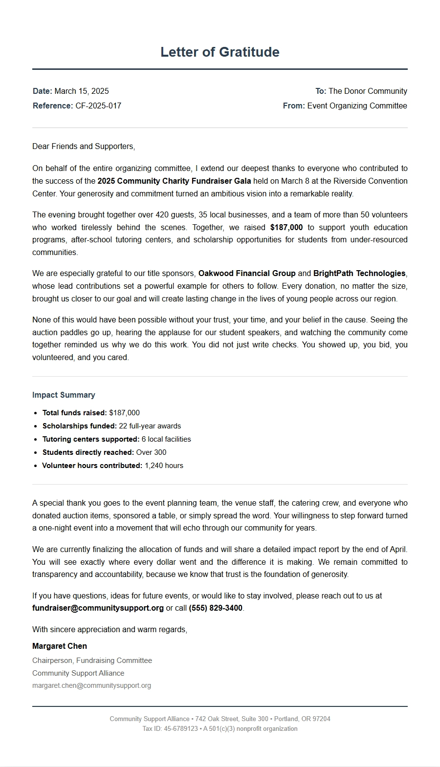 Thank You for Organizing Our Charity Fundraiser
