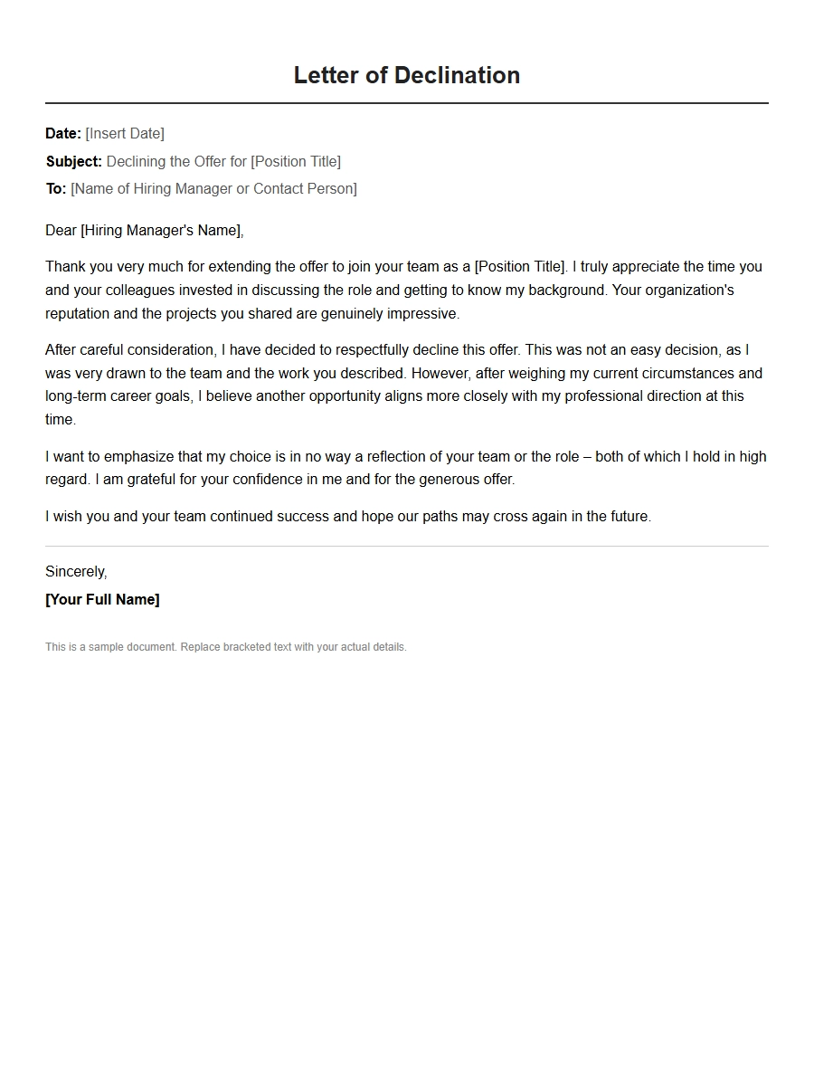 Sample Thank-You Letter for Politely Refusing an Offer