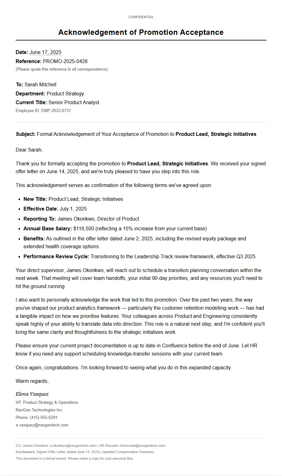 Sample Thank-You Email for Accepting a Promotion Reference