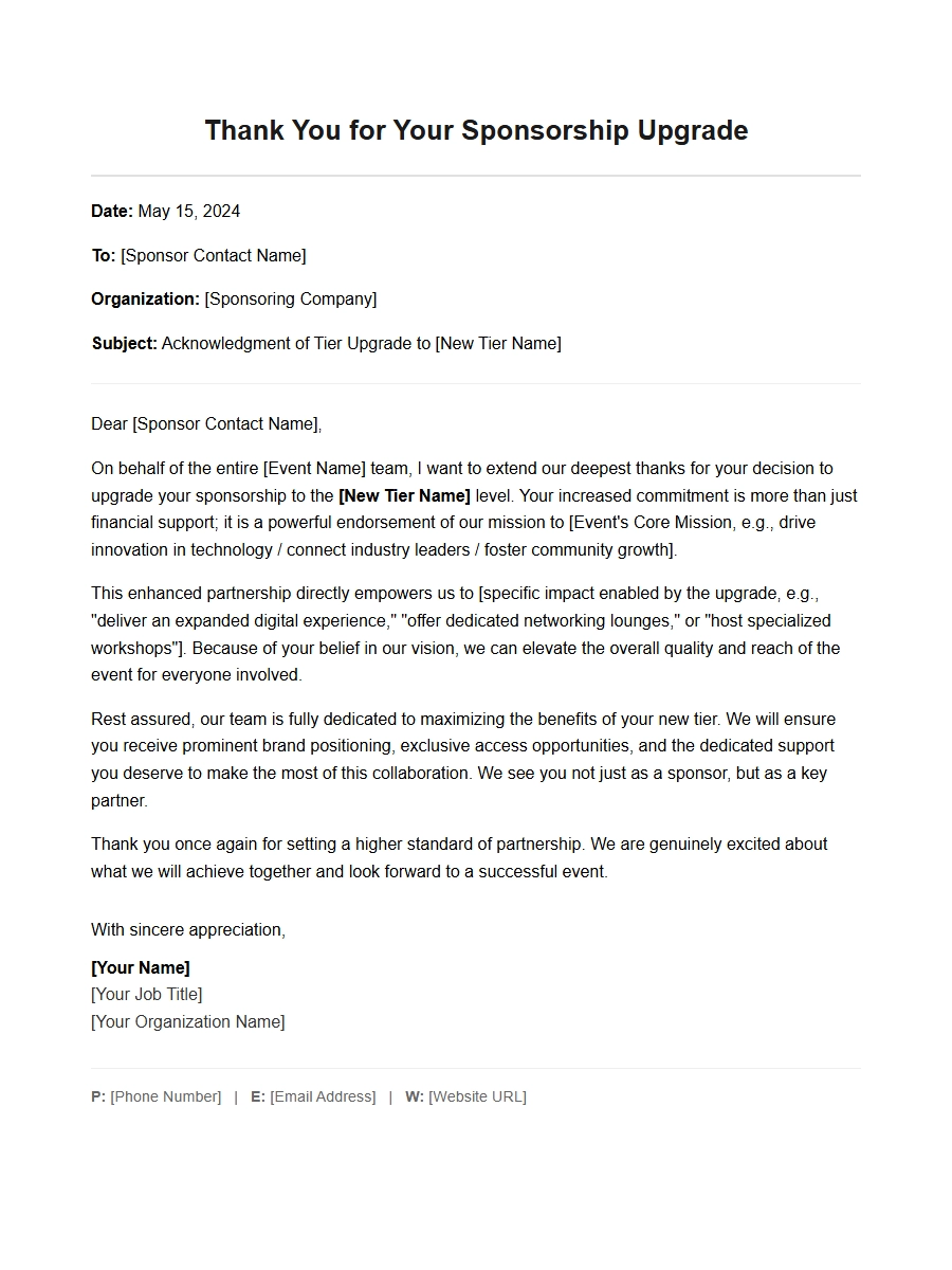 Thank You Letter for Sponsorship Tier Upgrade