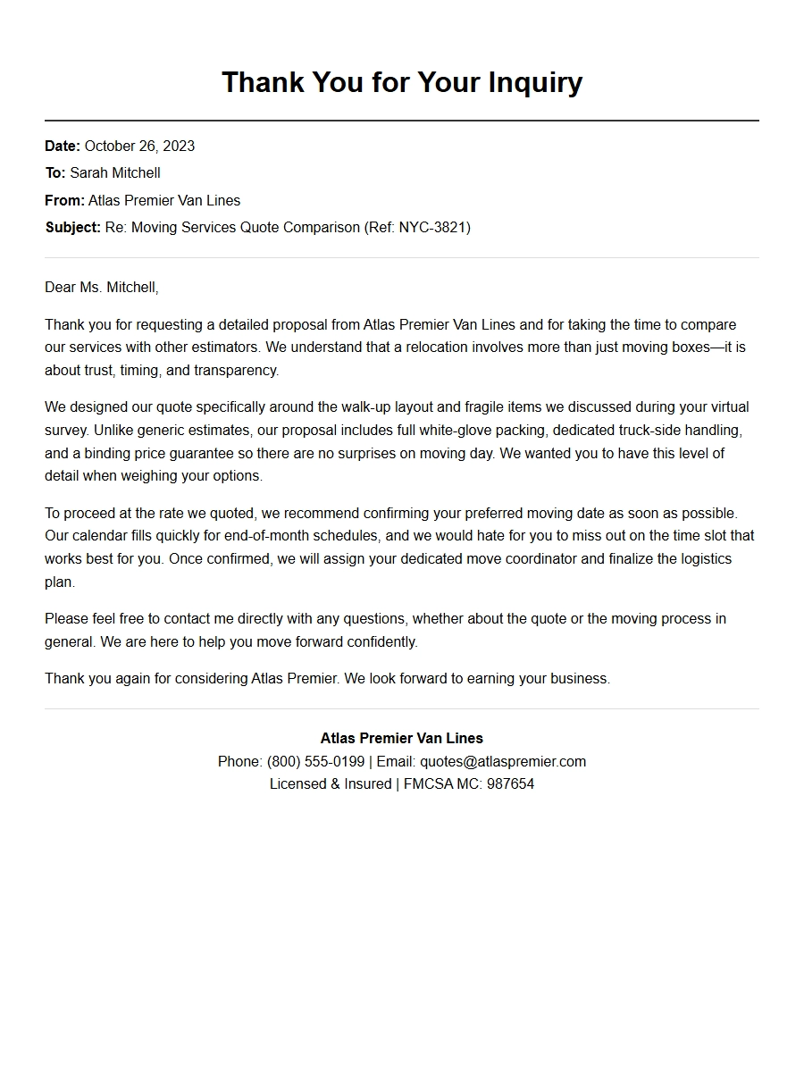 Sample Thank You Note for Moving Company Quote Comparison