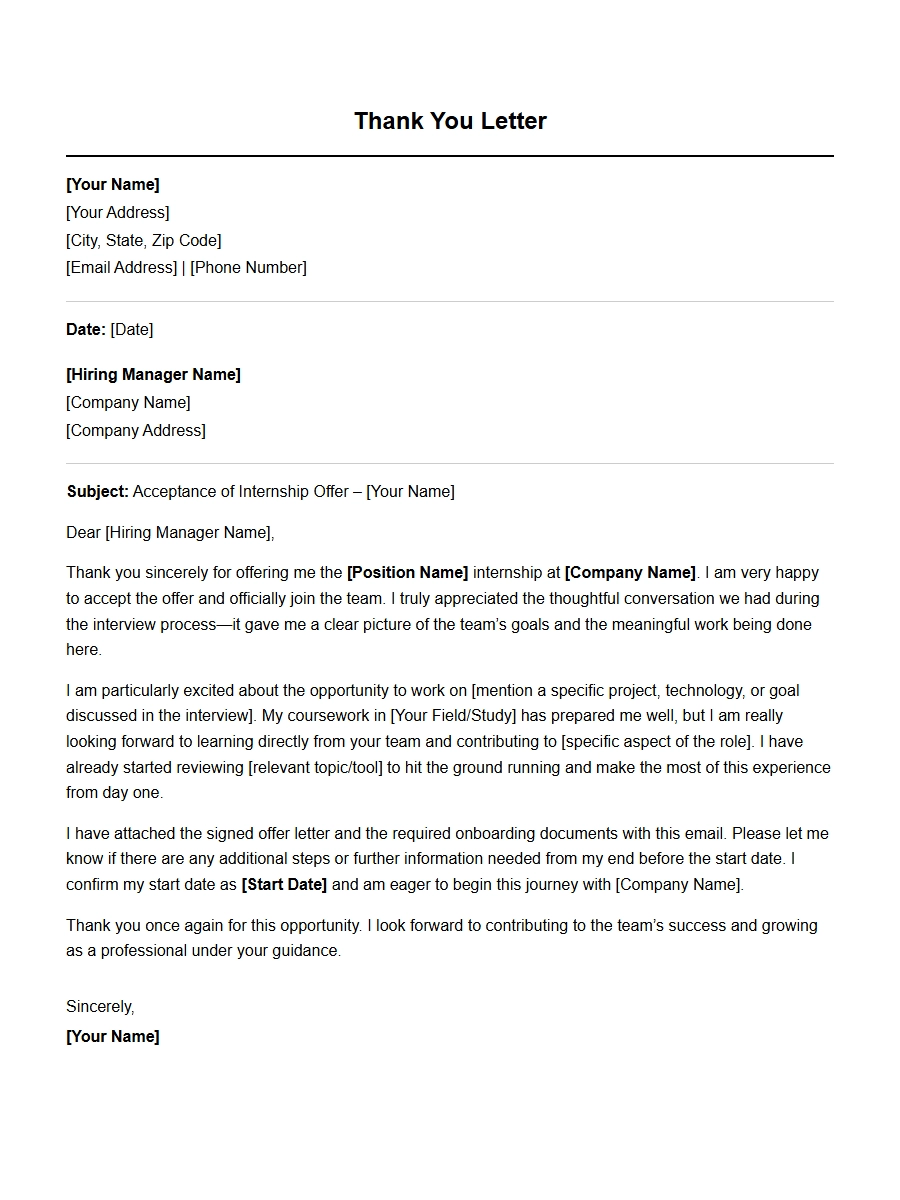 A Thank You Letter for an Internship Offer