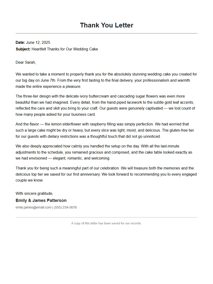 Thank-You Letter to Our Wedding Cake Baker