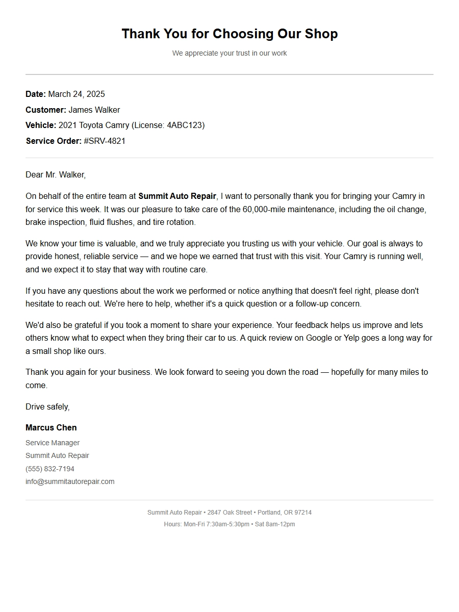 Thank You Message for Car Repair Service