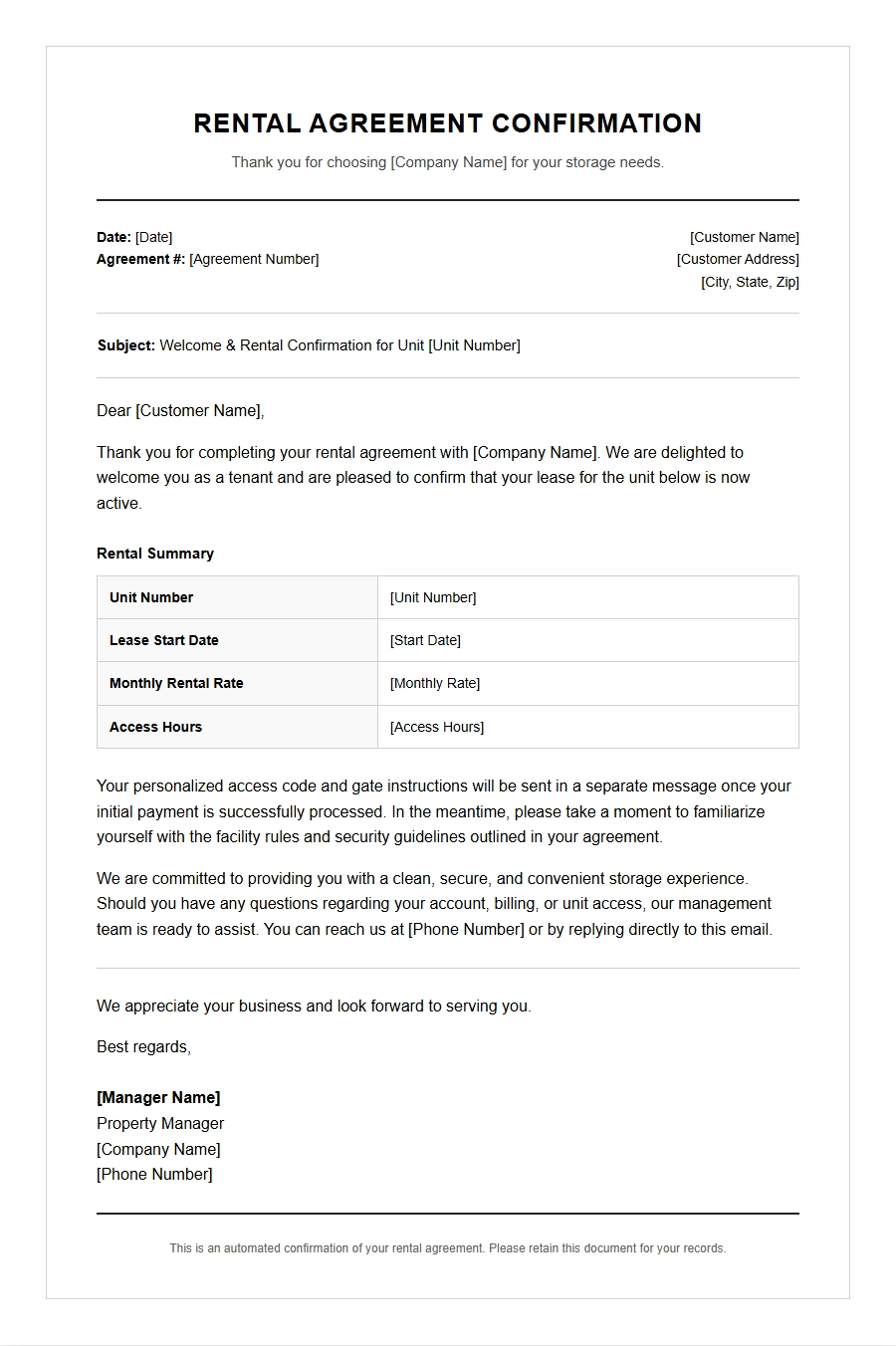 thank you message for storage unit rental agreement - Thank-You Letters