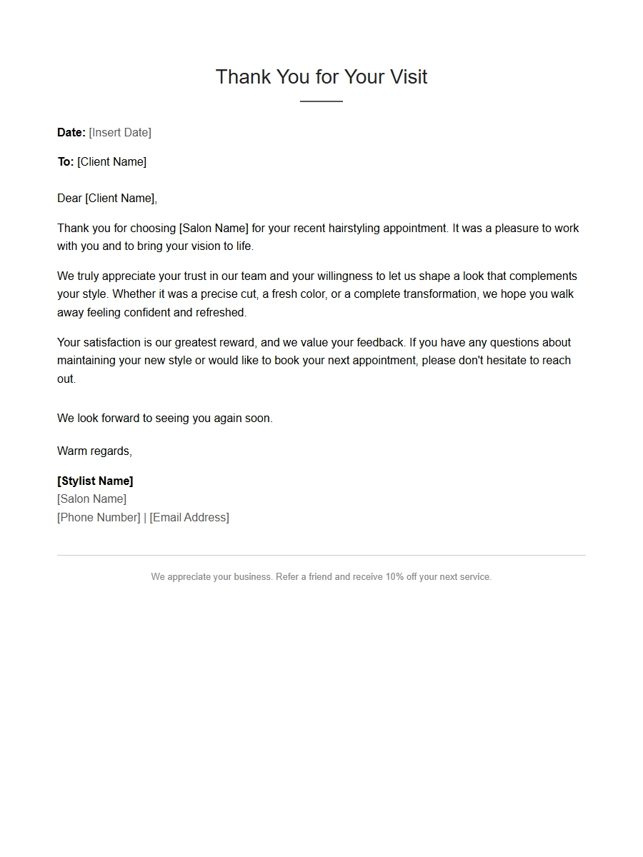 Thank You Note for Hair Styling Appointment