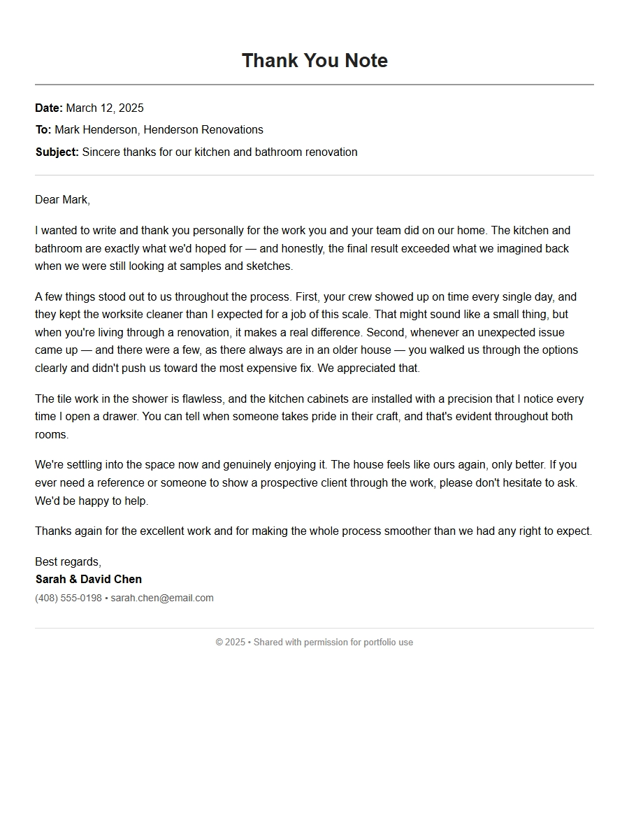 Thank You Note for Your Home Renovation Contractor