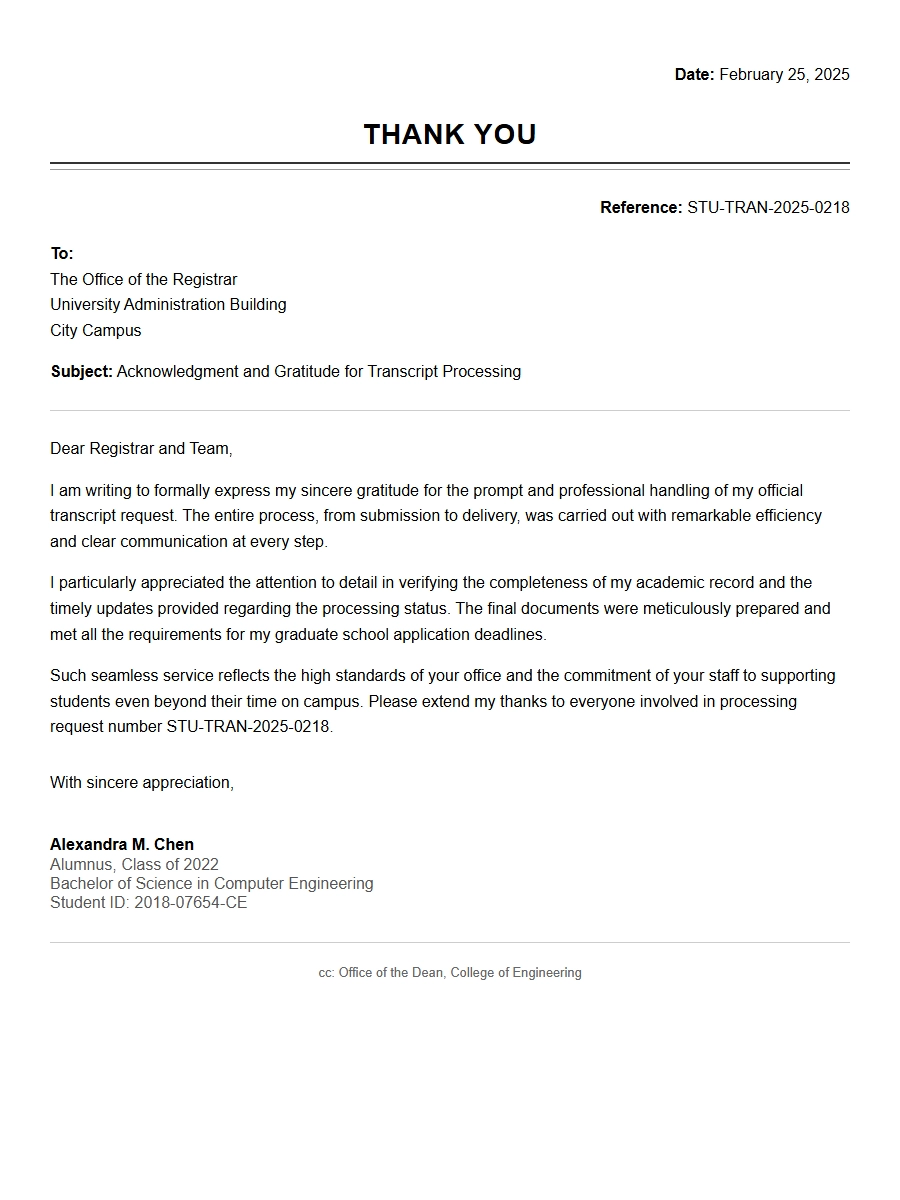 Thank-You Letter for Student Transcript Processing