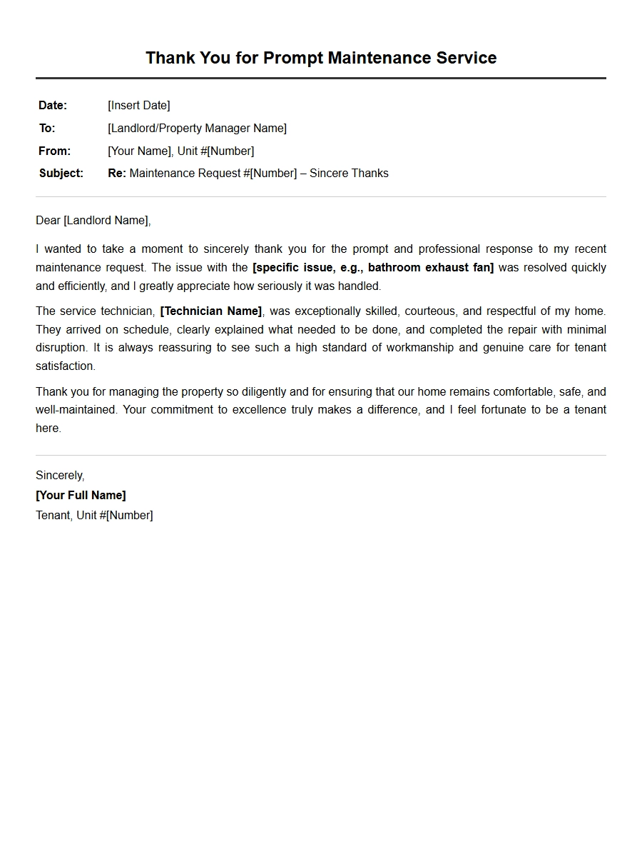 Thank You Letter for Landlord Maintenance Response