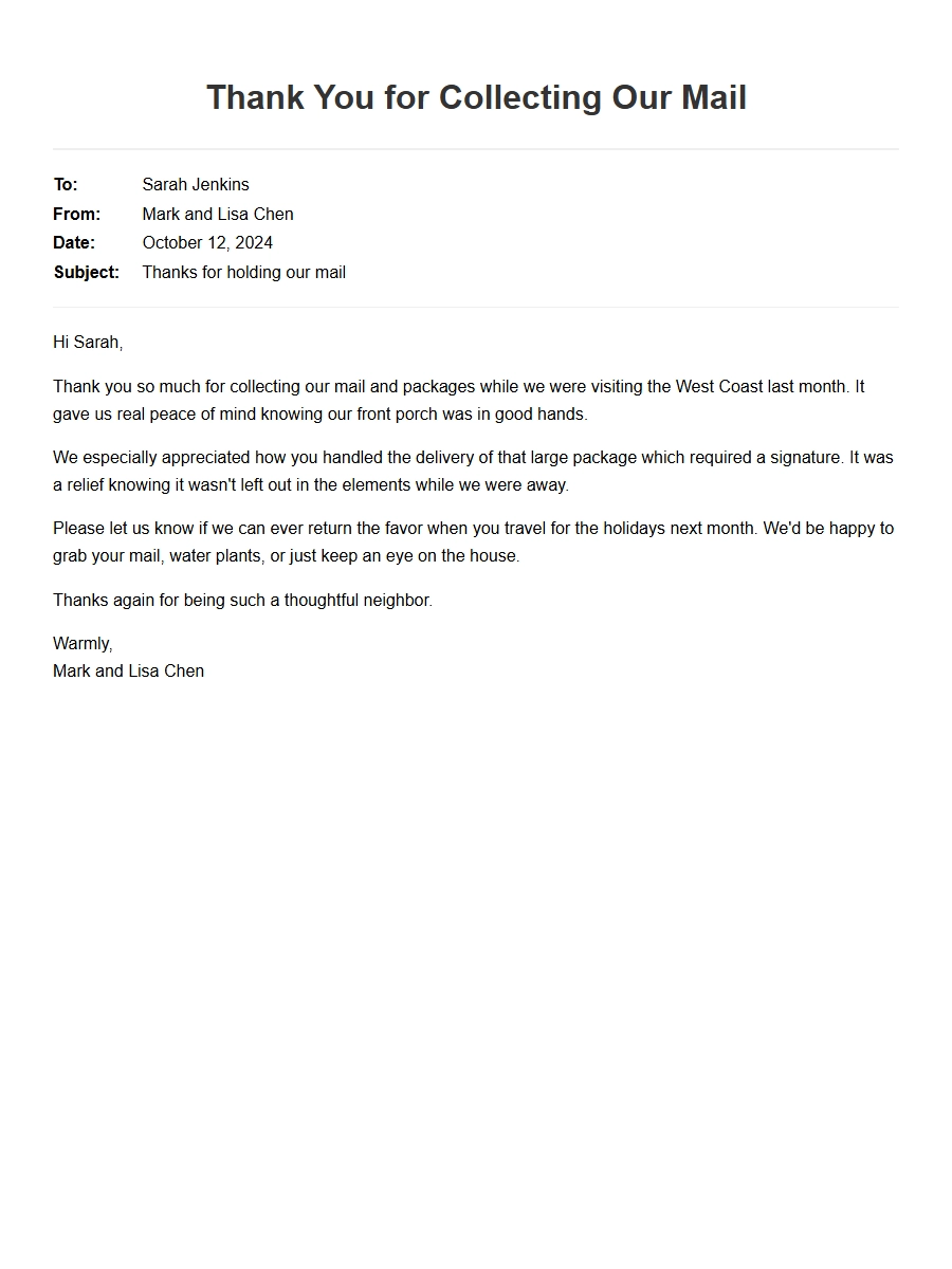 thanking neighbor for mail collection while traveling - Thank-You Letters